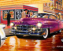 Bruce Kaiser Auto Paintings, 50s Movie Theater, 1953 Cadilac Coupe, 1953 Corvette, 1949 Ford, 50s city street, night scene