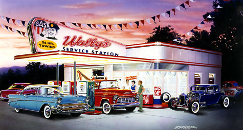 50s service station, 57 Chevy, 56 Chevy tow truck